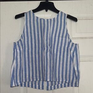 J. Crew Blue and White Striped Linen Tank Top With Buttoned Up Back